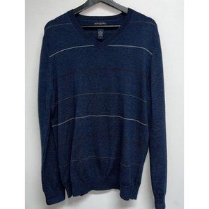 Banana Republic Mens Merino Wool Sweater Size L V-neck Stripe Navy Blue Pullover